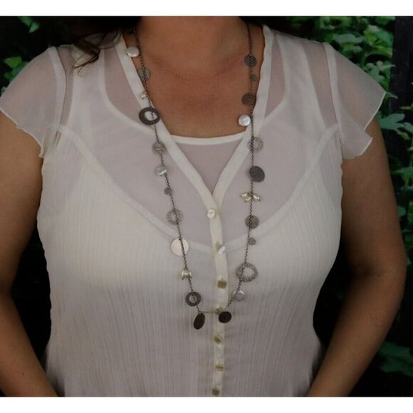 Sterling Silver Pearl & Disc Dangle Necklace Long 36" Silpada Pearl of a Girl - Picture 3 of 8